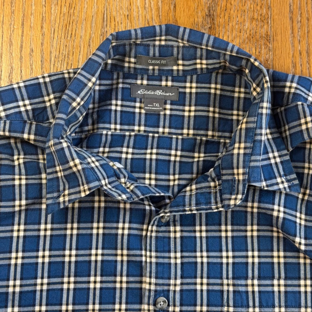 Eddie Bauer Mens Tall TXL Blue Plaid Flannel Shirt Classic Fit Long Sleeve